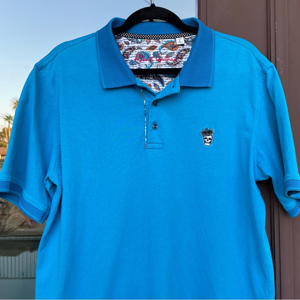 Robert Graham Turquoise Blue Lucifer Skull Polo L